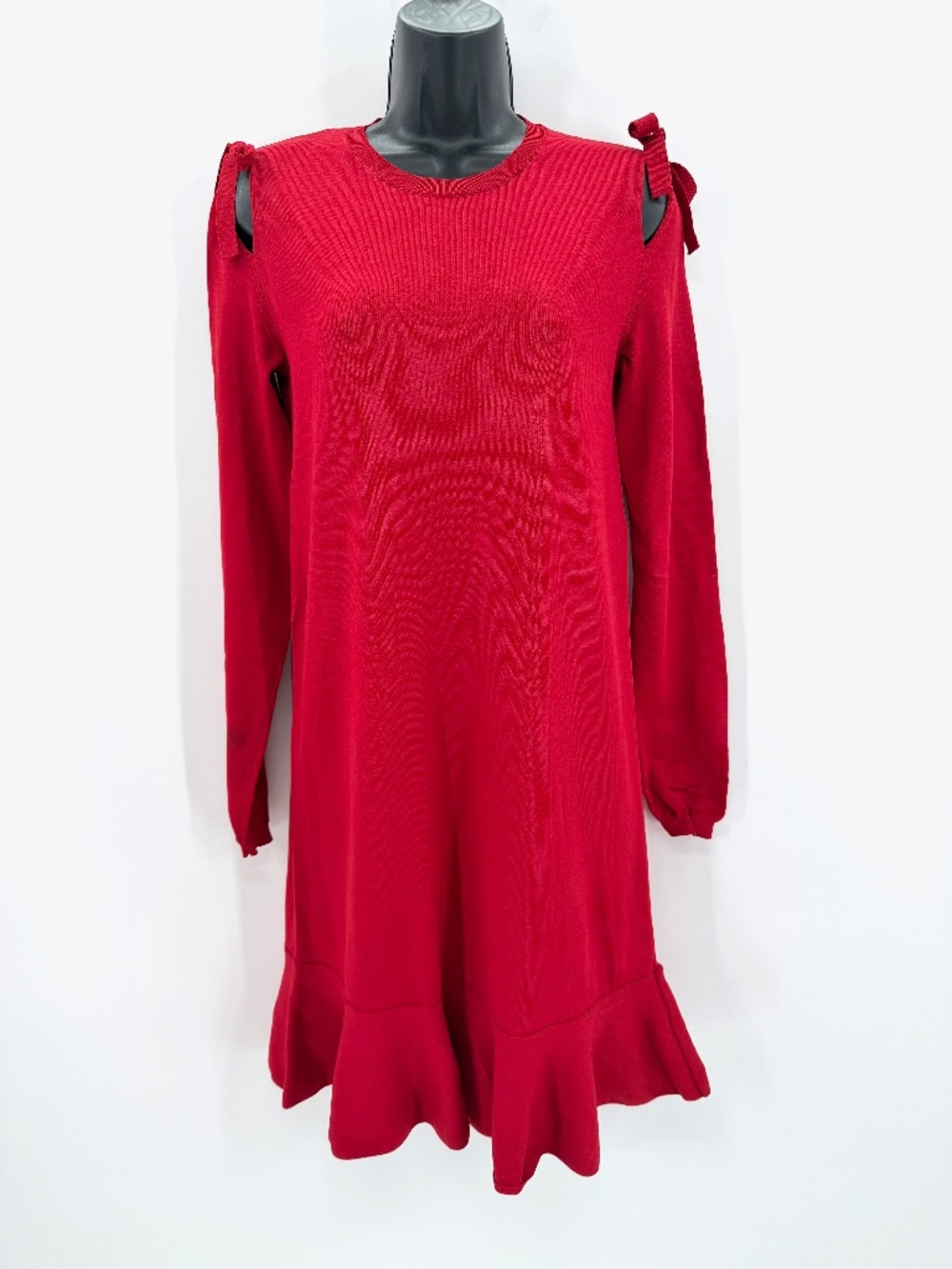 RED Valentino Red Knit Cold Shoulder Mini Dress S Small Flounce Hem NR3KD0P637H